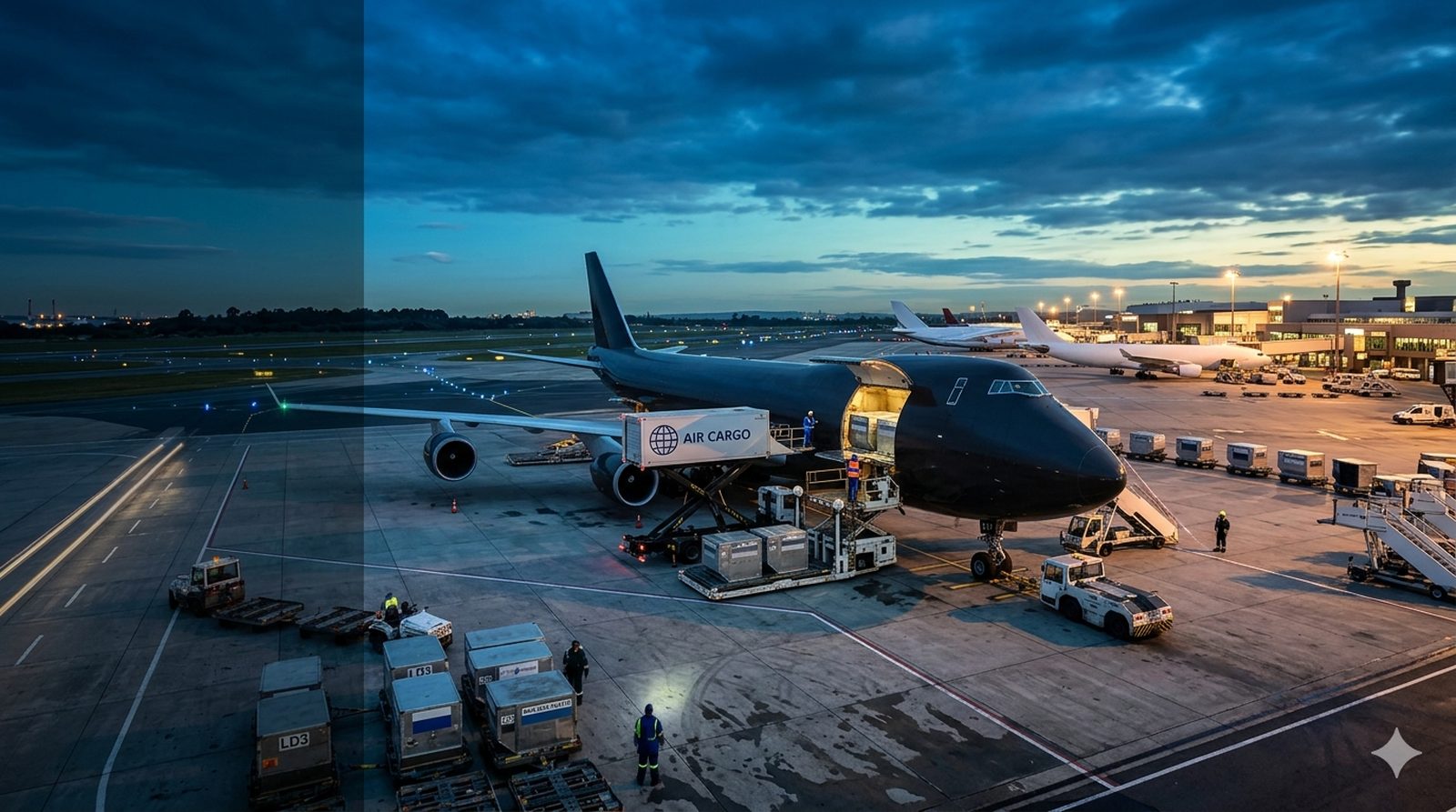 Freighter aircraft being loaded with air cargo at dusk