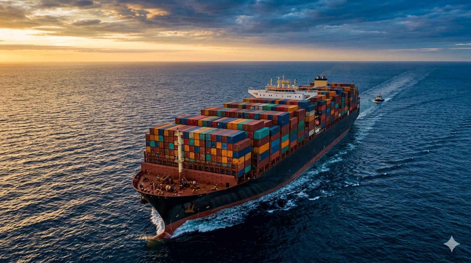 Fully loaded container ship sailing across the open ocean