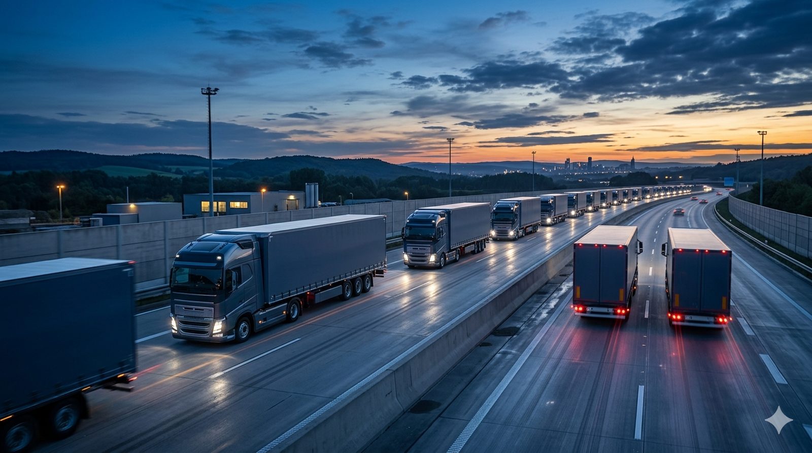 Fleet of logistics trucks on the motorway at dusk